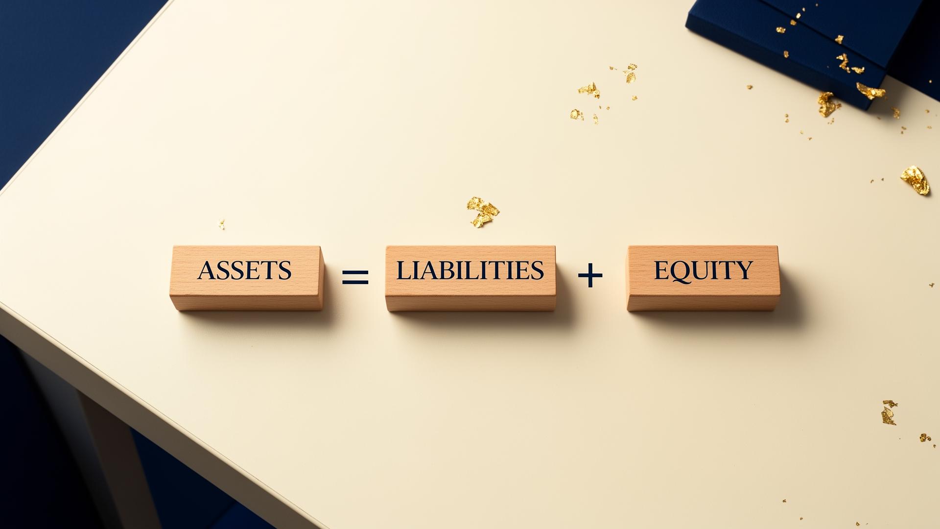 Wooden blocks showing the accounting equation: Assets equals Liabilities plus Equity