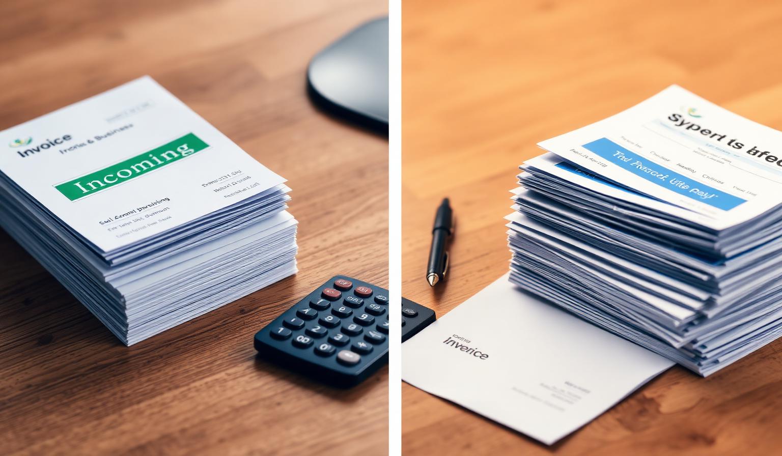 Two stacks of invoices on a wooden desk representing accounts receivable and accounts payable