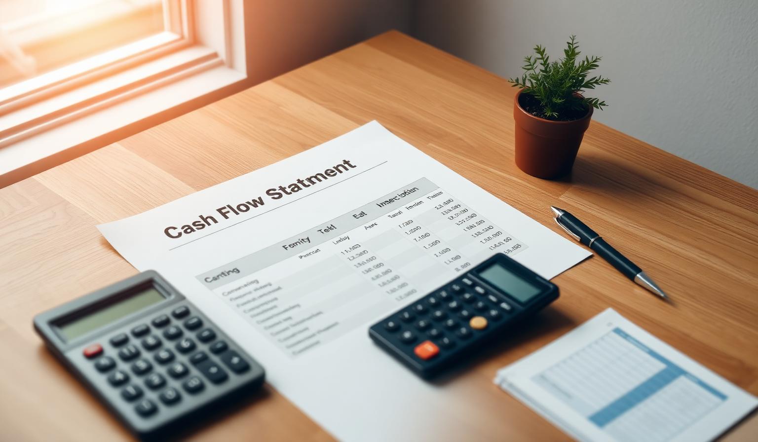 Printed cash flow statement on a wooden desk with calculator and pen