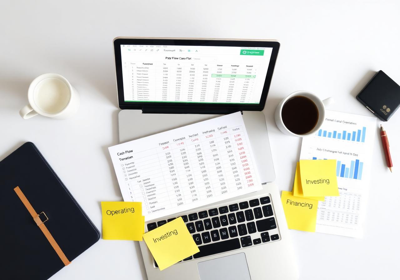 Laptop spreadsheet cash flow template with sticky notes labeled Operating, Investing, Financing