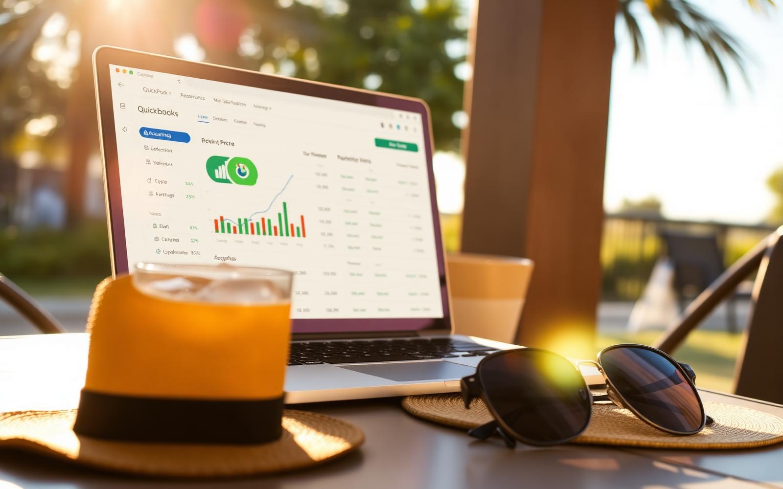 Laptop showing QuickBooks Online dashboard on a sunny outdoor patio with iced coffee and a summer hat