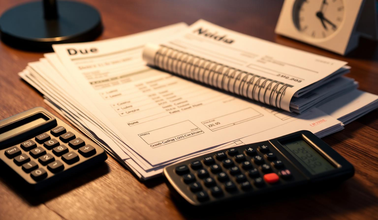 Stack of vendor bills and a checkbook on a wooden desk with a calculator and due-date calendar