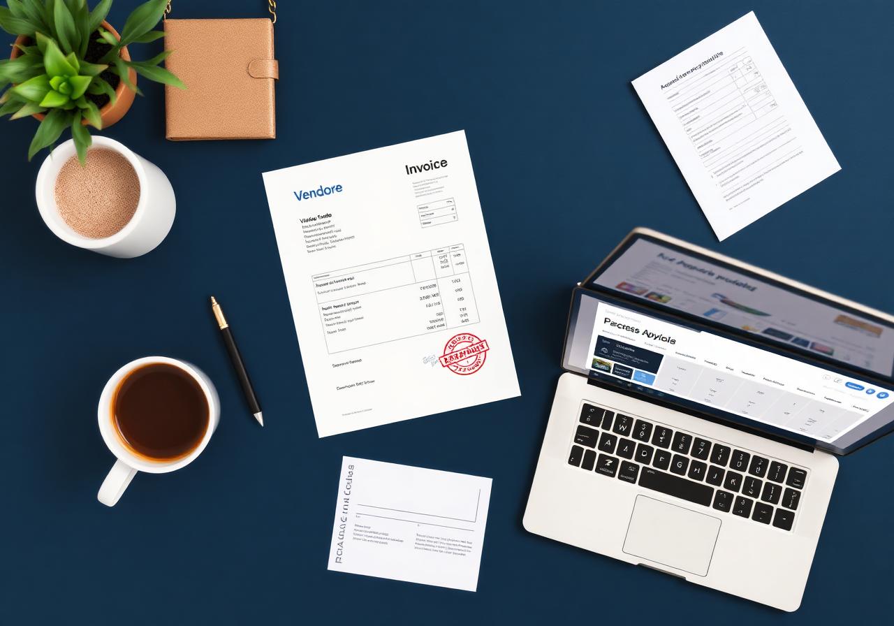 Accounts payable workflow with vendor invoice, purchase order, approval stamp, and laptop dashboard