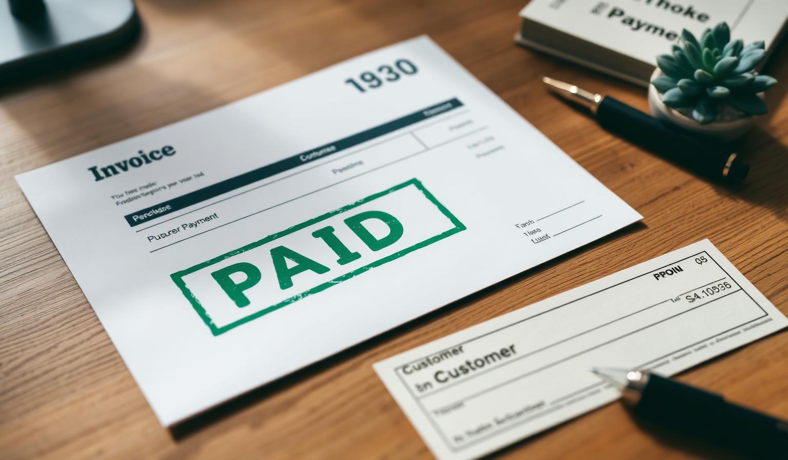 Invoice marked PAID in green stamp next to a customer payment check