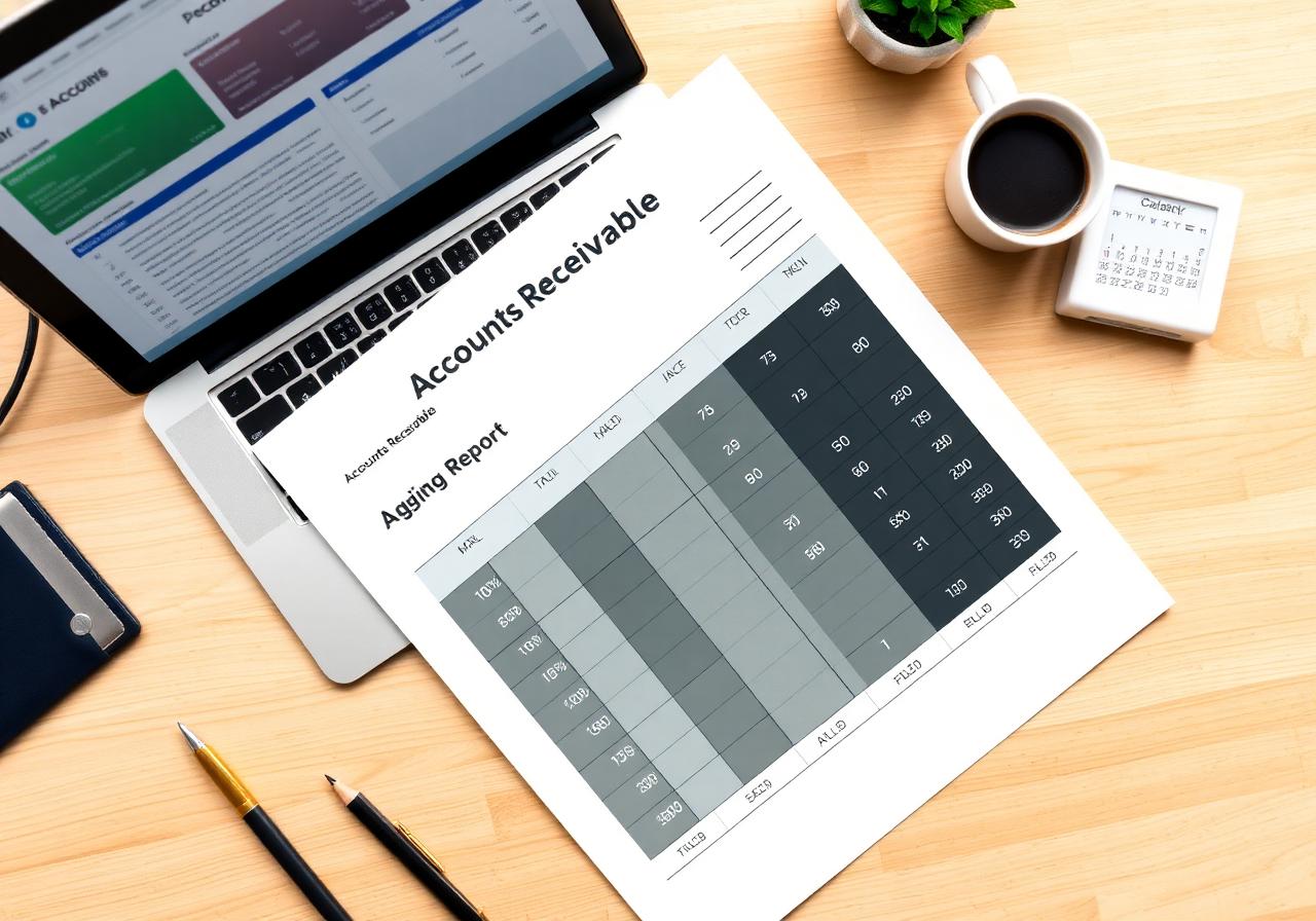 Accounts receivable aging report on a desk with a laptop dashboard