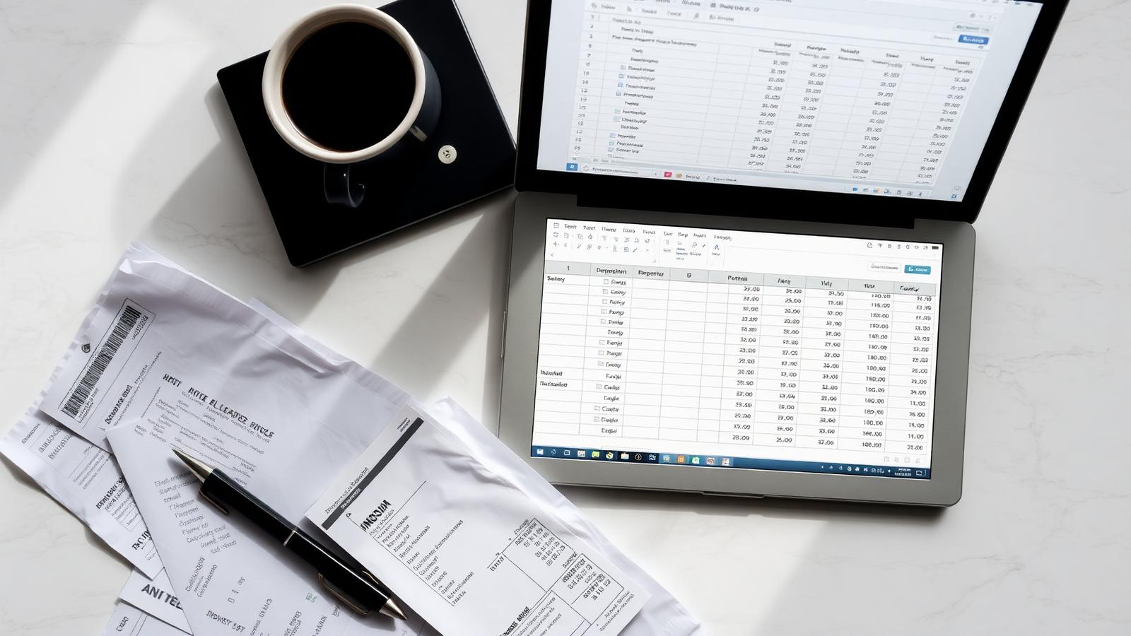 Receipts and a laptop showing categorized debit and credit entries