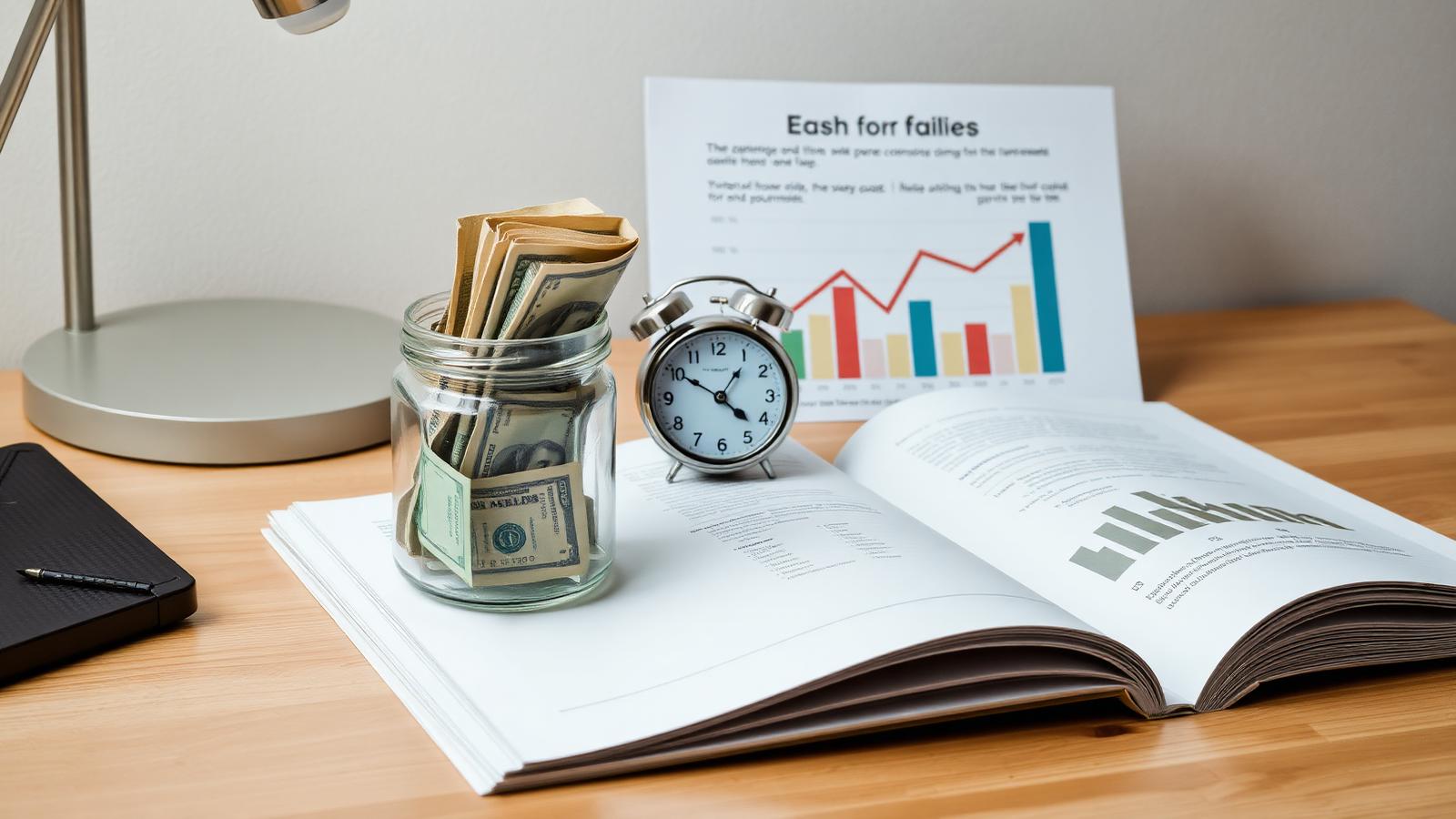 Cash jar, clock, and cash flow chart — symbols of invoice-to-cash timing