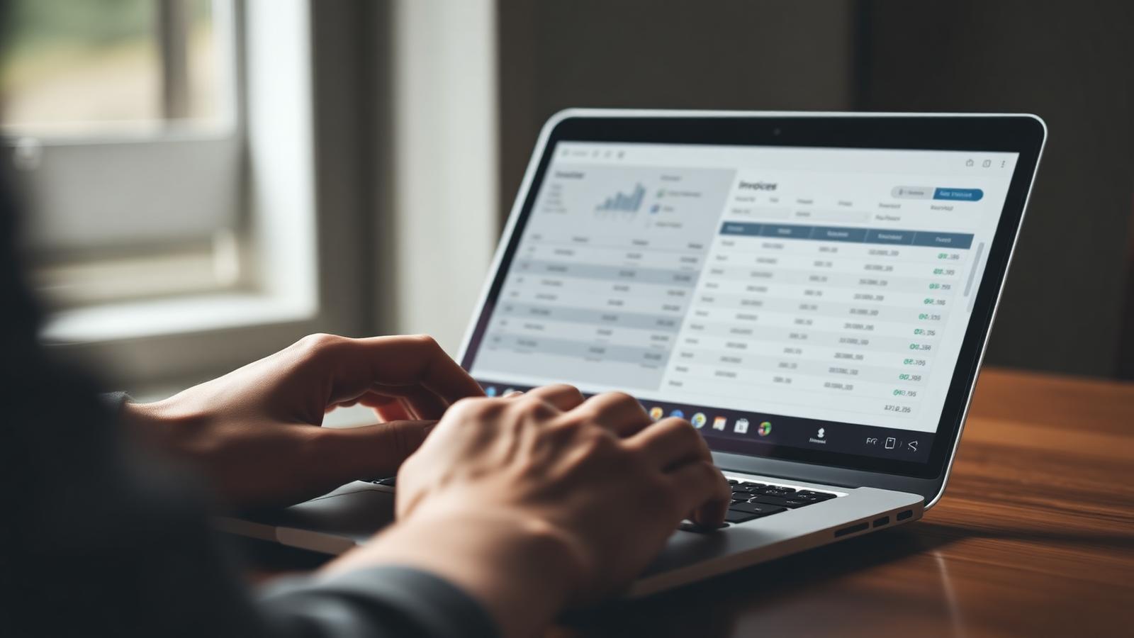 Hands typing on a laptop showing an invoice management interface