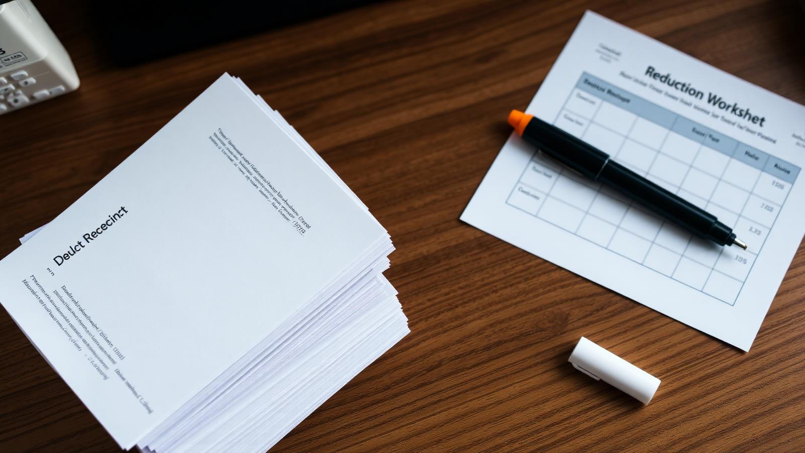 Stack of receipts beside a deduction worksheet illustrating supporting documentation